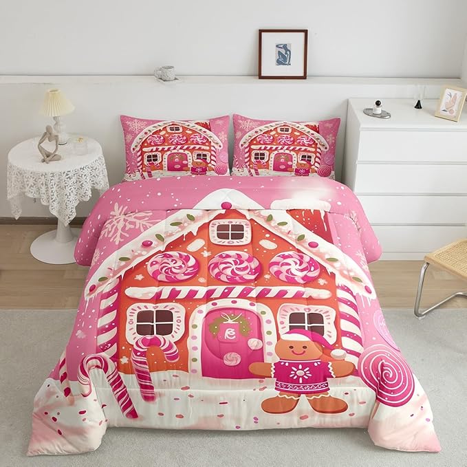 jejeloiu Kids Christmas Theme Comforter Set Toddler Xmas Gingerbread Man Candy Cane House Bedding Set for Boys Girls Teens Hot Pink Winter Happy New Year Duvet Quilt Room Decor