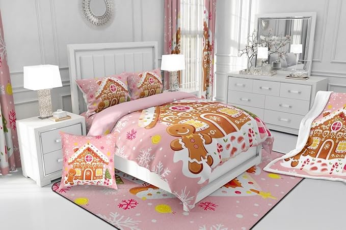 Feelyou Christmas Gingerbread Bedding Set Soft for Boys Girls,Gingerbread House Comforter Set King Size Winter Holiday Decor Duvet Quilt Cute Snowflake Room Decor Pink Decor 3 Pcs with 2 Pillow Cases