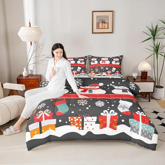 Feelyou Christmas Comforter Set King Size Snowman Bedding Set for Kids Boys Girls Snowflake Duvet Quilt New Year Gift Bedroom Decor Microfiber 3 Pcs with 2 Pillow Cases