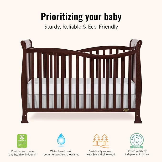 Dream On Me Violet 7-in-1 Convertible Full-Size Baby Crib with Toddler, Day & Full Bed Conversion in Espresso, GreenGuard Gold & JPMA, 4 Mattress Heights, Sustainable Pinewood