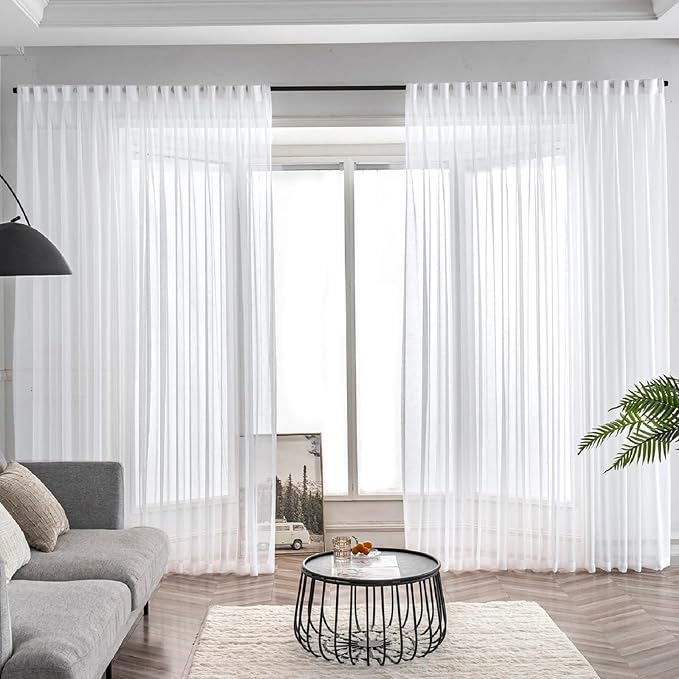 White Sheer Curtains 102 Inches Long 1 Panel, 50 Inch Width, Thin Textured Linen Look Sliding Glass Door Curtain, Rustic Elegant Window Treatments, Floor to Ceiling Pinch Pleated Drapes