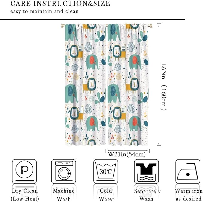 Cute Lions Blackout Curtains for Kids Bedroom,Cartoon Tropical Plants Birds Elephants Print Pattern Window Drapes,Funny Animal Thermal Insulation Curtain for Nursery Baby Room 42x63in