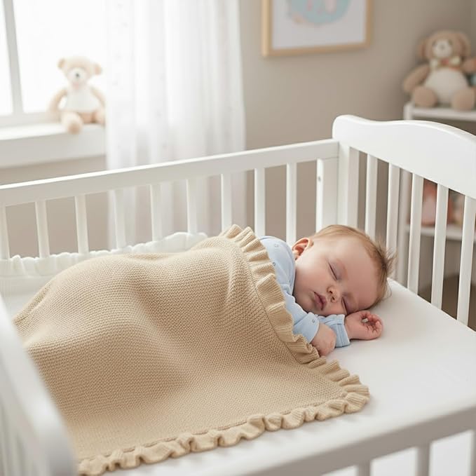 Cotton Baby Blanket with Ruffle Edge Soft Breathable Newborn Blanket for Boys & Girls, Lightweight Knit Throw for Crib, Stroller & Nursery Multiple Colors Available Cream 28x36