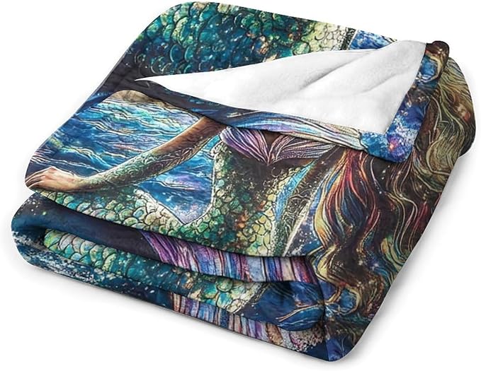 Mermaid Blanket Navy Mermaids Gifts for Girls Boys Woman Kids Ocean Mermaid Lover Coastal Throw Blankets Soft Blanket Warm Fleece Flannel Plush Blankets for Bed Sofa Couch 50"x60"