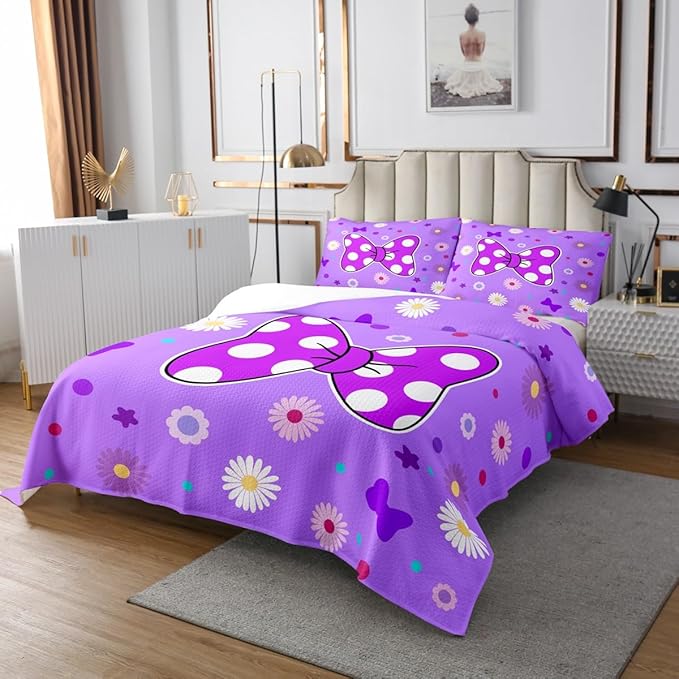 Manfei Purple Bowknot Kids Bedspread Twin Size,Star Daisy Floral Geometric Dots Patch Coverlet Set,Girls Women Room Decor,Bow Tie Princess Cute Quilted Coverlet,Romantic Bedding Quilt,1 Pillowcase