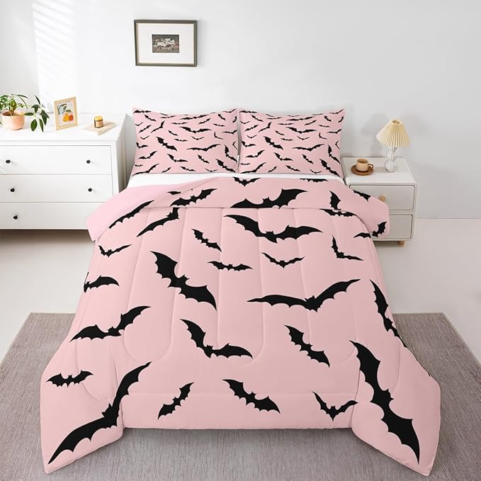 Erosebridal Pink Halloween Bedding Set Gothic Bats Comforter Set Queen,Spooky Halloween Decor Quilt for Kids Boys Girls Adults Black Pink Goth Themed Duvet Insert,Goth Horror Animal