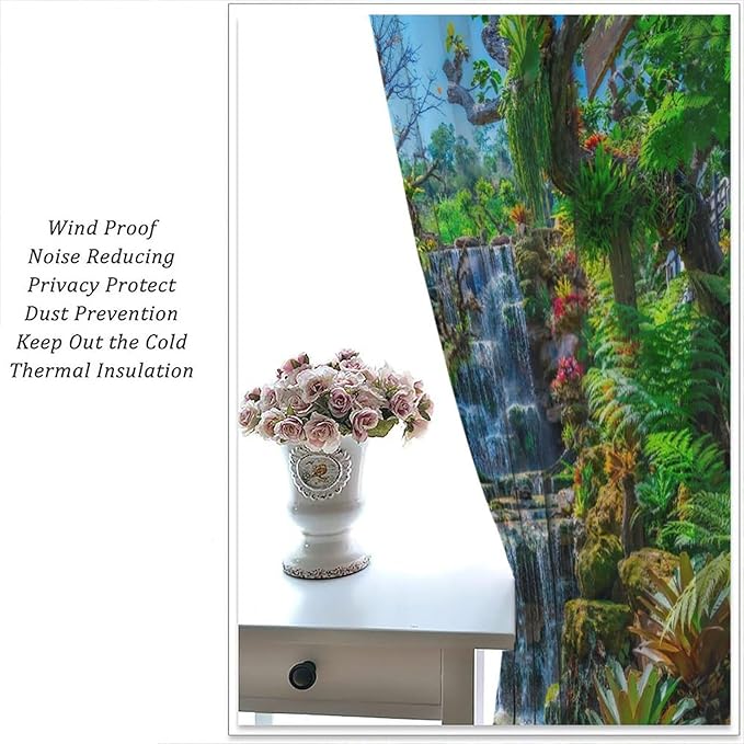 Waterfall Blackout Window Curtains, Spring Forest Nature Landscape Theme Pattern Print Window Drapes, for Living Room Bedroom 63x63in 2 Panels