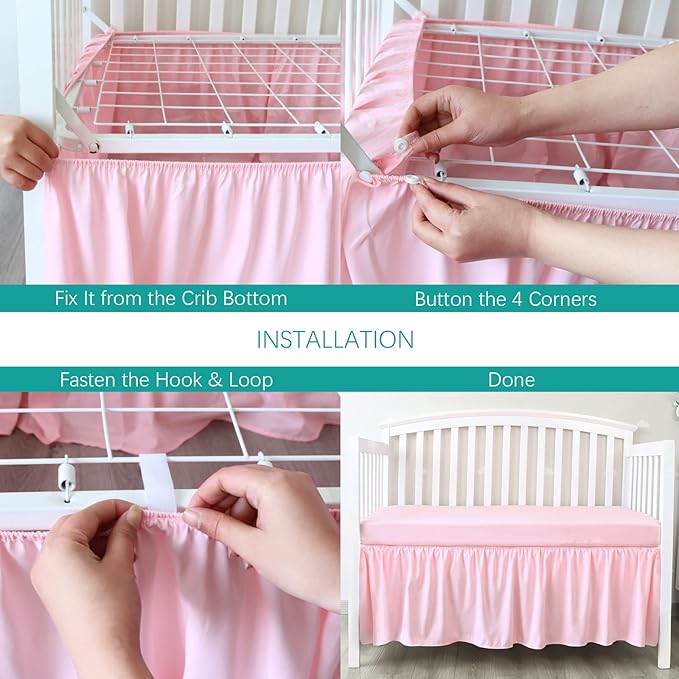 Crib Skirt Pleated Dust Ruffle Pink Nursery Room Decor for Girls Boys Crib Toddler Bedding 14" Drop fit Standard Crib Toddler Bed Skirts Machine Washable