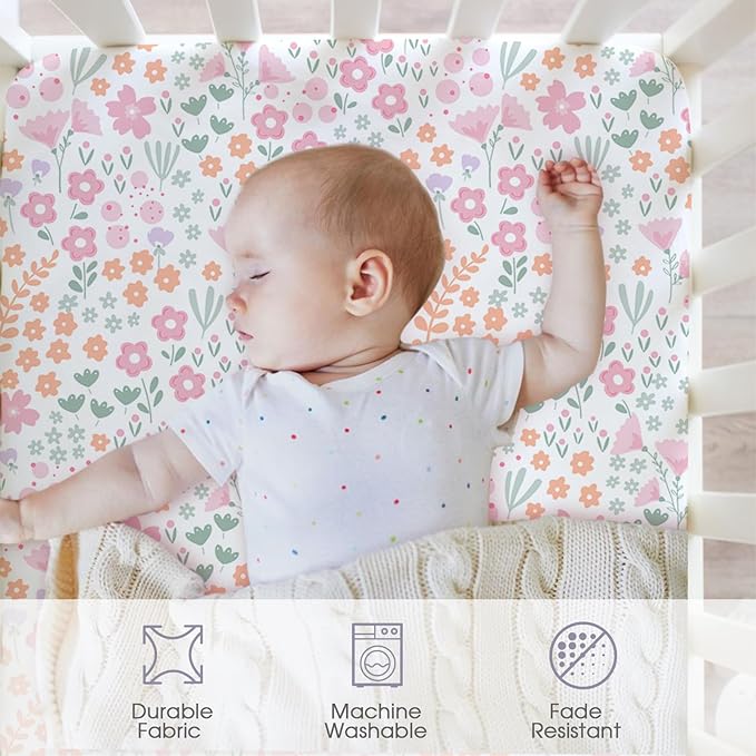 Little Grape Land Crib Sheets for Girls, 4-Pack Soft Microfiber Fitted Baby Sheets for Standard Crib and Toddler Mattress 28x52x8 Inch – Breathable & Secure (Butterfly, Floral, Pink, Purple)
