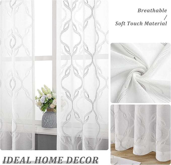 VISIONTEX Sheer Curtains 84 Inches Long 2 Panels Set, Grey and Ivory Two Tone Textured Moroccan Embroidery Geometric Rod Pocket Ivory Voile Tulle Semi Window Treatment Pair for Bedroom, W54 x L84