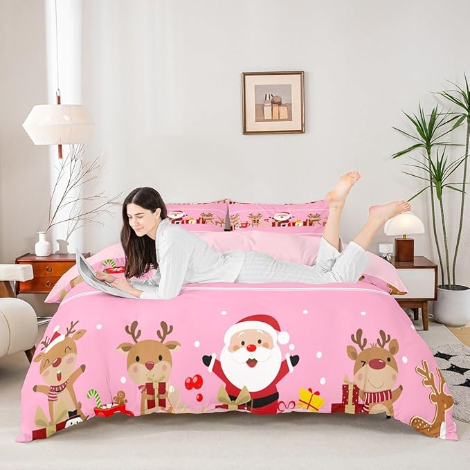 Christmas Bedding Duvet Cover Set Kids Cartoon Santa Claus Bedding Set Boys Girls Deer New Year Decor Comforter Cover Set Microfiber Gift Boxes Xmas Theme Bedspread Cover Bedroom Bedclothes Twin Size