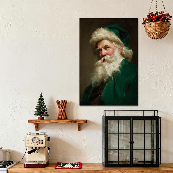 YONICA Christmas Canvas Wall Art Green Santa 12x16 Inch Historical Christmas Figure Art - Large Framed Gallery Wrapped Collectors Edition