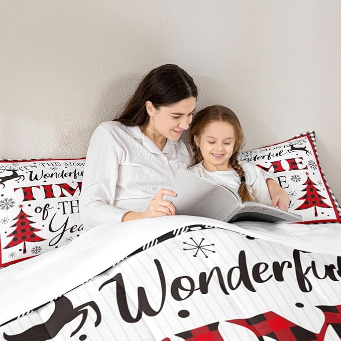 Merry Christmas Kids Comforter Set Queen Size,Snowflake Deer Pine Trees Romantic Bedding,Girls Boys Adults Bedroom/Xmas Cabin Decor,Grids Stylish Down Comforter,Rustic Duvet Insert,2 Pillowcases