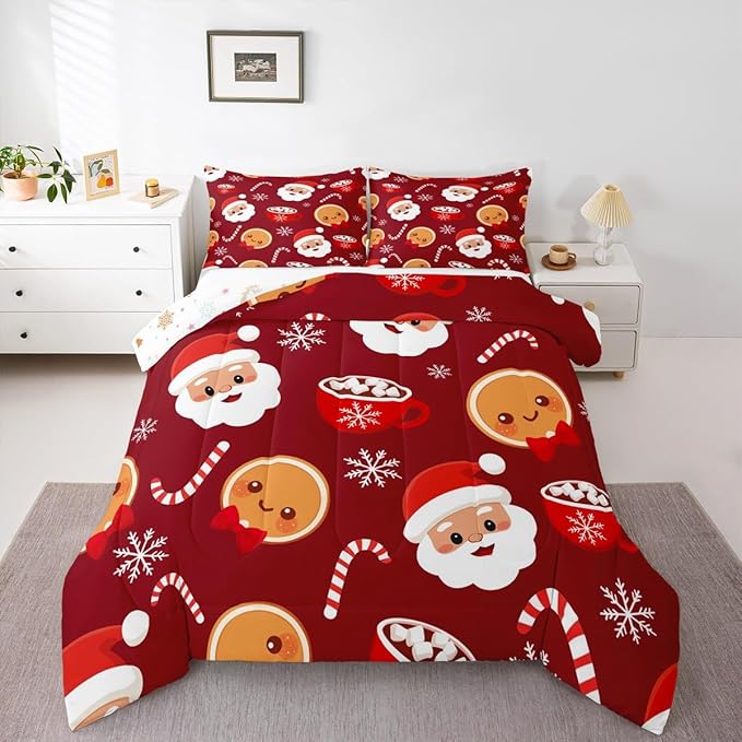 Feelyou Merry Christmas Comforter Set Full Size Santa Claus Bedding Set for Kids Boys Girls Gingerbread Man Duvet Quilt Snowflake Bedroom Decor Microfiber 3 Pcs with 2 Pillow Cases