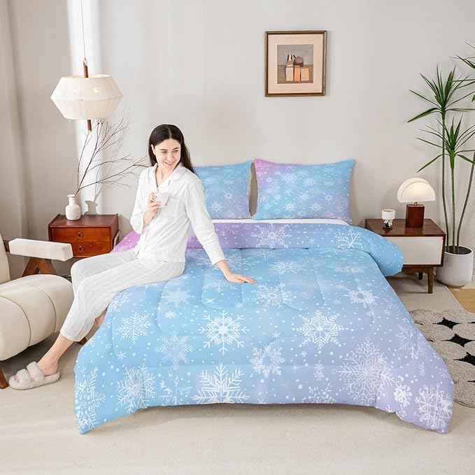 Feelyou Christmas Comforter Set All Season Winter Snowflake Bedding Set with 2 Pillow Cases Blue Purple Gradient Microfiber Kids King Bedclothes Bedroom Decor Duvet Quilt Breathable Soft Lightweight