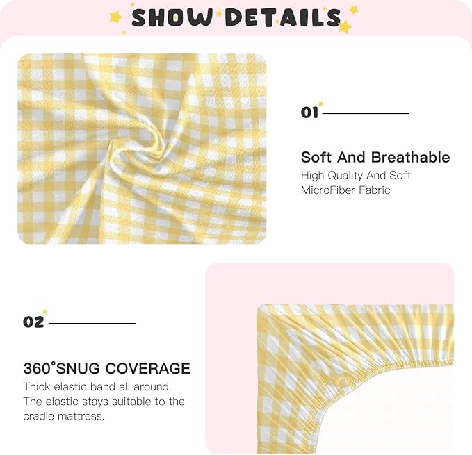 Yellow Gingham Crib Sheets for Boys and Girls, Fitted Baby Crib Sheets Soft and Breathable Mini Crib Sheets 52 X 28 Inches