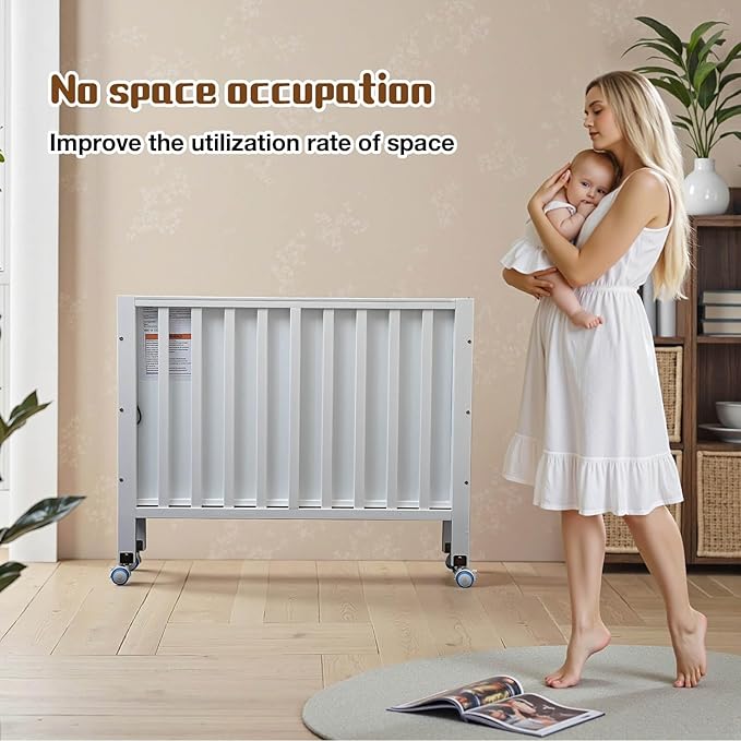 Portable Mini Baby Crib - Pine Wood Foldable 4-in-1 Baby Crib with Mattress,Portable Bedside Bassinet Sleeper,3 Adjustable-Height Baby Cribs for 0-18 Months,White