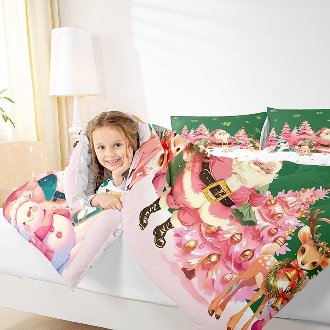 jejeloiu Merry Christmas Comforter Set Toddler Size Santa Claus Bedding Set for Kids Boys Girls Cute Deer Duvet Quilt Green Bedroom Decor