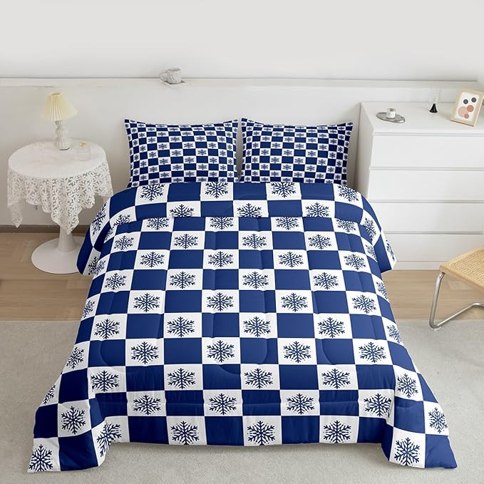 Feelyou Christmas Bedding Set Soft for Boys Girls, Checkered Comforter Set Twin Size Snowflake Duvet Quilt Microfiber Xmas Decorations Bedroom Decor Blue 2 Pcs with 1 Pillow Cases