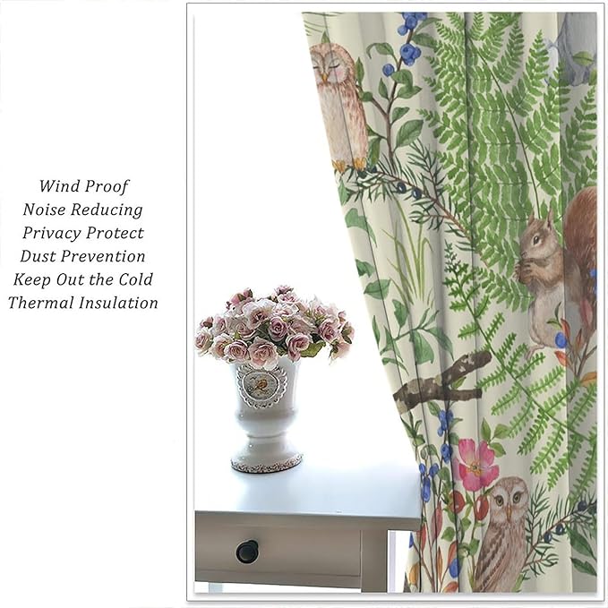 Forest Animal Curtains, Kids Rustic Wild Animal Window Treatments Watercolor Cute Woodland Fox Hedgehog Window Drapes for Nursery Toddler Bedroom 42x54in