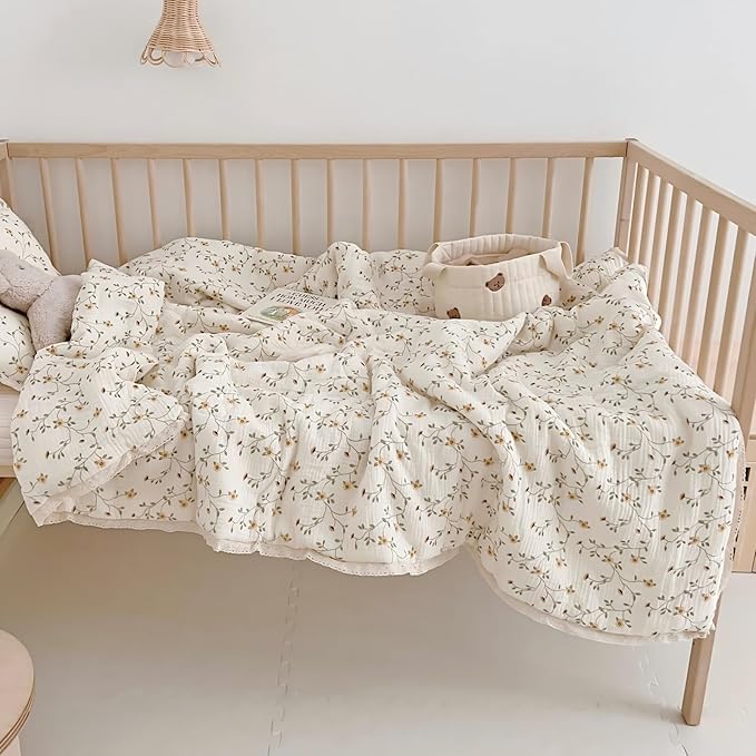 BuLuTu Cotton Muslin Toddler Comforter Shabby Chic Floral Design Twin Bed Blankets for Children Soft Lightweight Girls Boys Quilted Blanket, Wildflower Pattern, 60"x78"