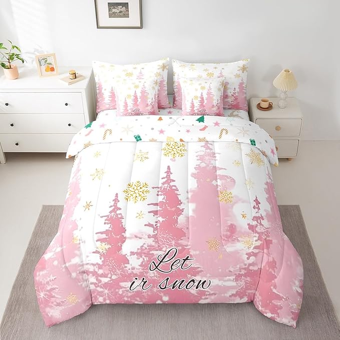 Feelyou Christmas Tree Bed Set for Children Kids Boys Girls Luxury Chic Xmas Theme Bed in a Bag Glitter Snowflake Comforter Set with Sheets Pink Room Decor Bedding Set Queen Size