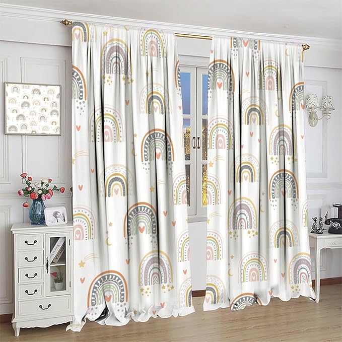 Kids Rainbow Curtains Boho Cartoon Colorful Stars Love Heart Lovely Abstract Art Pattern Print Window Drapes for Girl Bedroom Living Room Kitchen Decor,2 Panel Set,42Wx54H Inch Blackout