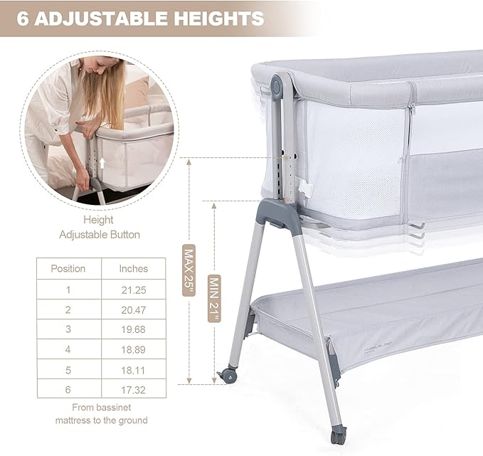 ANGELBLISS Baby Bassinet Bedside Sleeper, Easy Folding Portable Bassinet for Baby with Wheels, Adjustable Height, Included Mattress (Beige)