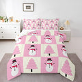 Feelyou Pink Christmas Kids Comforter Set Full Size Snowman Bedding Set Xmas Tree Duvet Quilt for Kids Boys Girls Bedroom Decor Microfiber Ultra Soft Breathable
