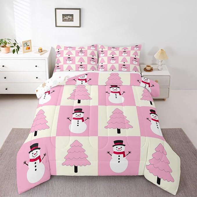 Feelyou Pink Christmas Kids Comforter Set King Size Snowman Bedding Set Xmas Tree Duvet Quilt for Kids Boys Girls Bedroom Decor Microfiber Ultra Soft Breathable