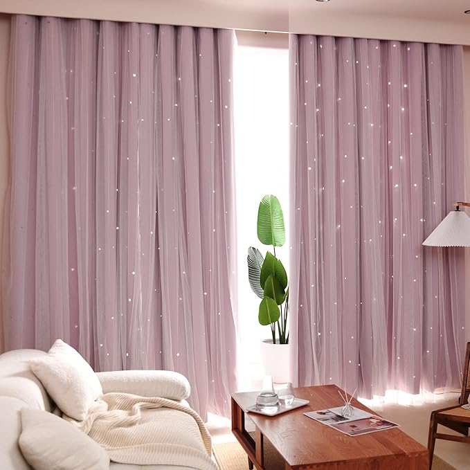 Kinryb Princess Curtains for Girls Bedroom with Sheer Overlay,Double Layer Curtain for Living Room with Star Cutout, Curtains for Kids Room (70 W*63 L Inches,2 Pcs Pink)