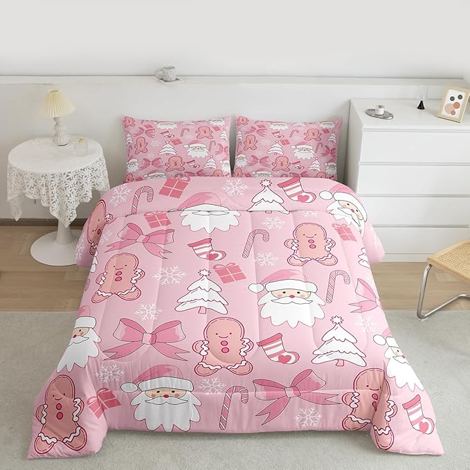 Feelyou Pink Christmas Bedding Set Soft for Boys Girls, Santa Claus Comforter Set King Size Gingerbread Man Duvet Quilt Microfiber Bow Candy Cane Bedroom Decor 3 Pcs with 2 Pillow Cases