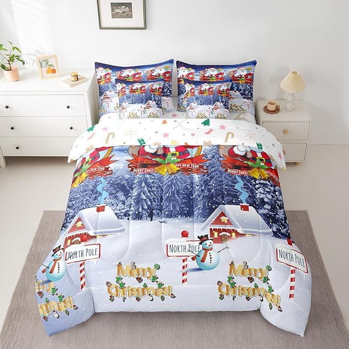 Feelyou Kids Christmas Bed in a Bag Xmas Santa Claus Queen Size Bed Set for Boys Girls Merry Christmas Warmth Comforter Set with Sheets Galaxy Blue Decor Bedding Set Bedroom Collection Boys