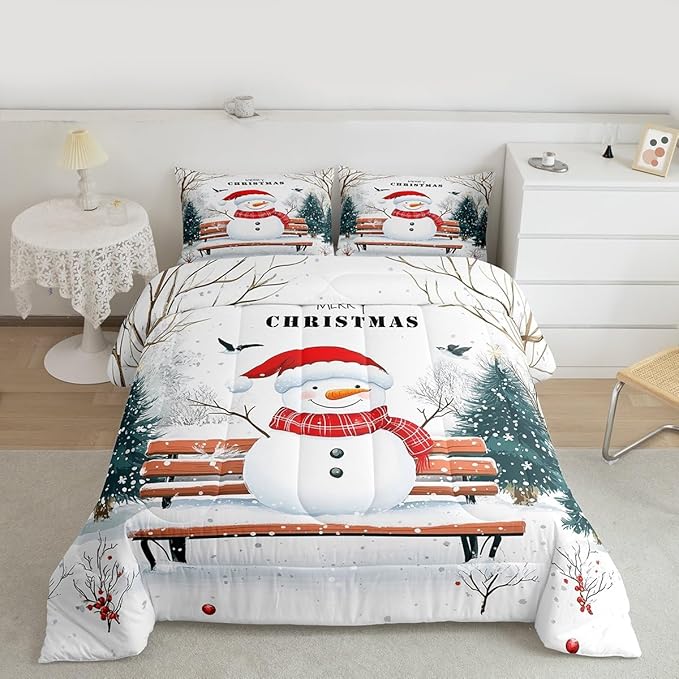 Feelyou Merry Christmas Comforter Set Full Size Cute Snowman Bedding Set for Kids Boys Girls Snowflake Duvet Quilt Christmas Tree Bedroom Decor Microfiber 3 Pcs with 2 Pillow Cases