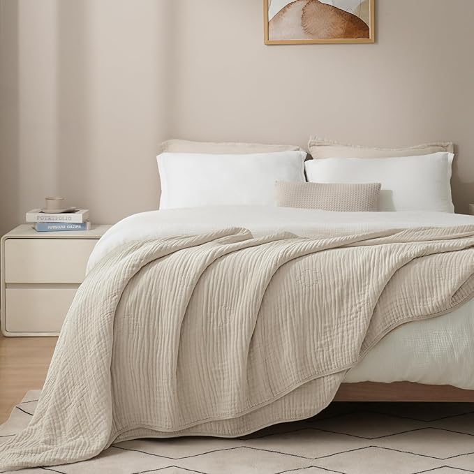 PHF Cooling Muslin Blanket Twin Size 60"x80", 6-Layer Lightweight Gauze Blanket Made from 35% Rayon Derived from Bamboo & 65% Cotton, Breathable & Ultra Soft Cozy, Aesthetic Home Decor, French Oak