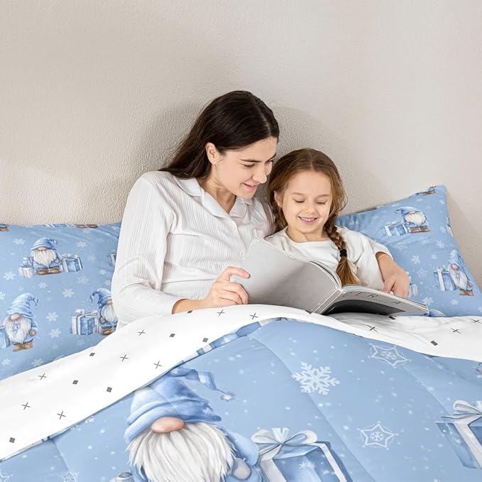 Feelyou Blue Christmas Comforter Set Queen Size Scandinavian Christmas Santa Gnomes Bedding Set for Kids Boys Girls Xmas Snowflake Duvet Quilt Bedroom Decor 3 Pcs with 2 Pillow Cases
