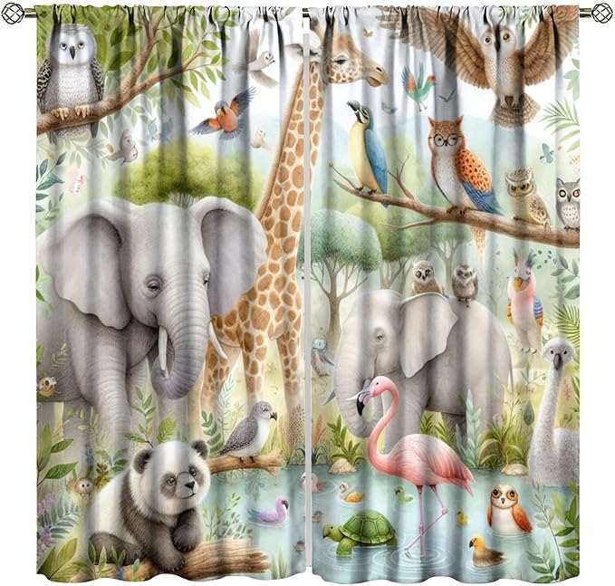 Kids Animals Curtain Cartoon Western Wildlife Flamingo Elephant Giraffe Window Treatment for Baby Children Bedroom Living Room 84" W X 84" L