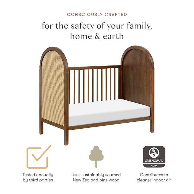 Babyletto Bondi Cane 3-in-1 Convertible Baby Crib - GREENGUARD Gold Certified Convertible Crib to Toddler Bed & Daybed - Wooden Baby Bed 4 Adjustable Heights - Made of 100% Solid Wood - Natural Walnut
