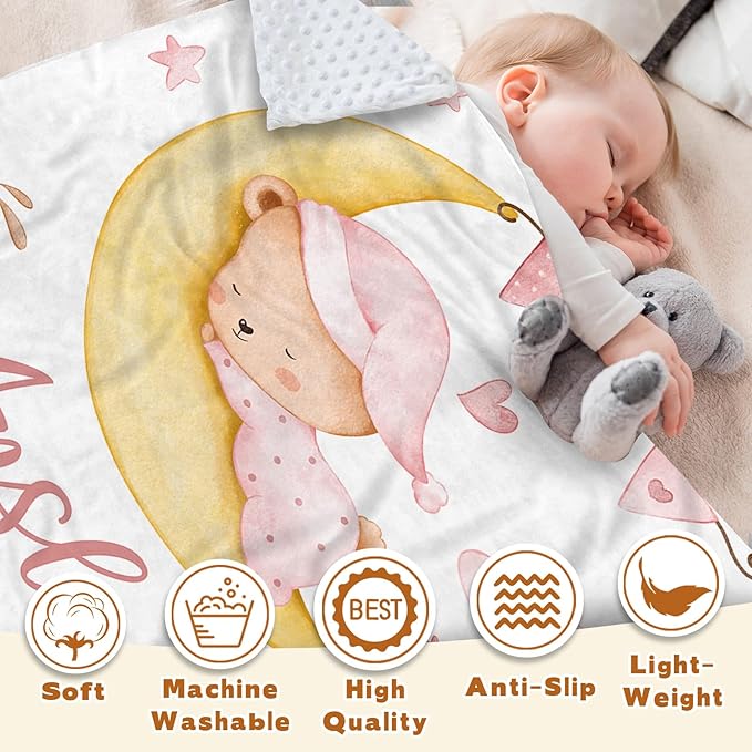 Personalized Baby Blanket for Girls, Custom Name Blanket for Newborn Toddler, Soft Flannel with Double Layer Dotted Backing, Gifts for Baby Shower Christmas Birthday, Pink Moon Bear(30”x40)