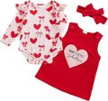 FIOMVA My First Valentines Day Outfit Clothes Baby Girl Romper Love Onesie Heart Embroidery Overalls Suspender Dress Set