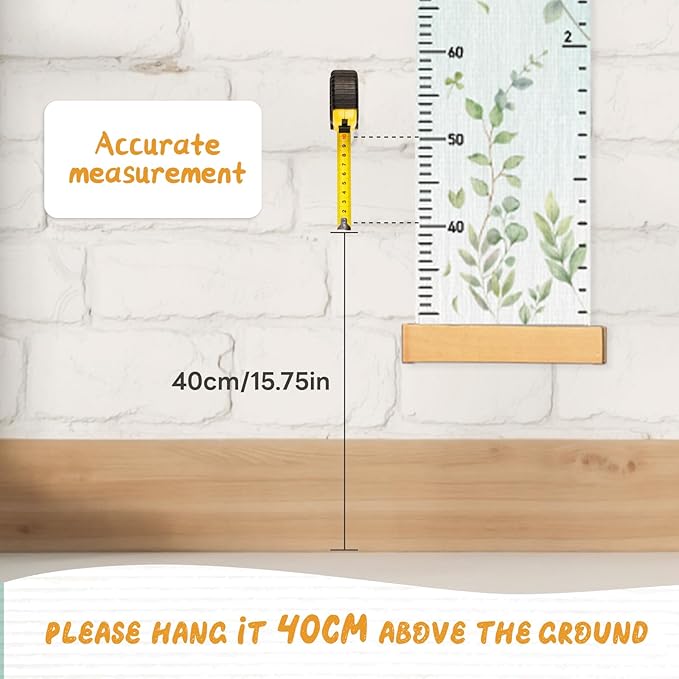 Personalized Name Growth Chart Wall Decor for Kids – Canvas Removable Height Chart Measuring Ruler 59" x 7.9" (Eucalyptus Leaves)