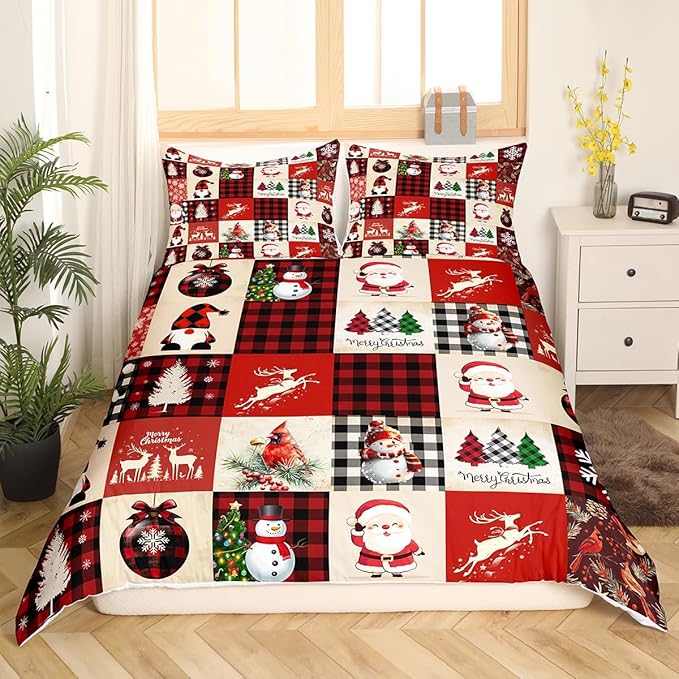 Manfei Christmas Duvet Cover Set Queen Size, Deer Tree Snowman Santa Claus Print Comforter Cover with 2 Pillowcases, Plaid Grid Print Bedding Set 3pcs for Kids Boys Girls Bedroom Decor,No Comforter