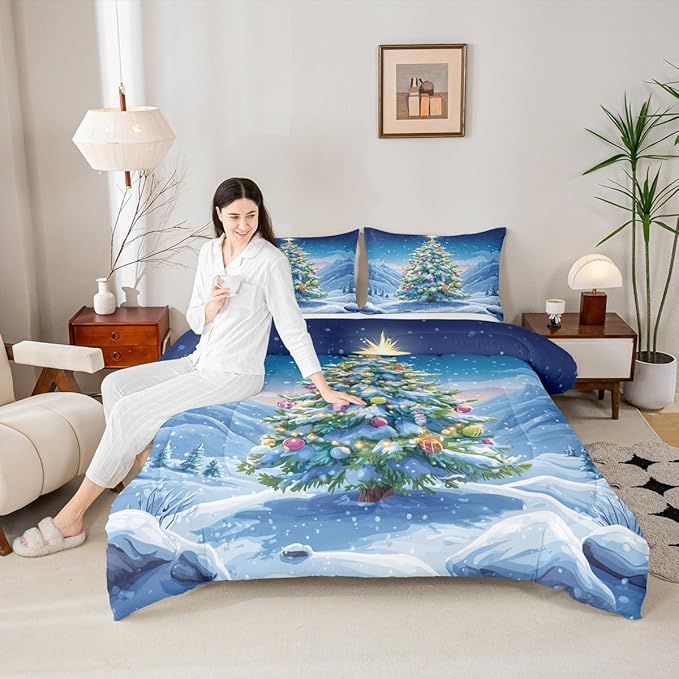 Feelyou Christmas Comforter Set Full Size Xmas Tree Bedding Set for Kids Boys Girls Winter Snowflake Duvet Quilt Christmas Tree Ornaments Bedroom Decor Microfiber 3 Pcs with 2 Pillow Cases