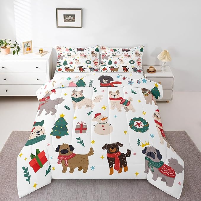 Erosebridal Merry Christmas Quilt Twin Size Cartoon Dog Comforter Set for Teens Kids Boys Xmas Tree Snowman Bedding Set Cute Pug Puppy Animal Duvet Insert with 1 Pillow Case