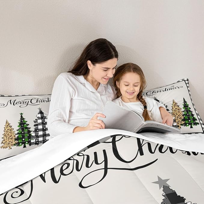 Merry Christmas Kids Comforter Set Full Size,Leopard Plaids Pines Trees Bedding,Girls Boys Adults Bedroom/Xmas Cabin Decor,Geometric Grids Retro Down Comforter,Rustic Duvet Insert,2 Pillowcases