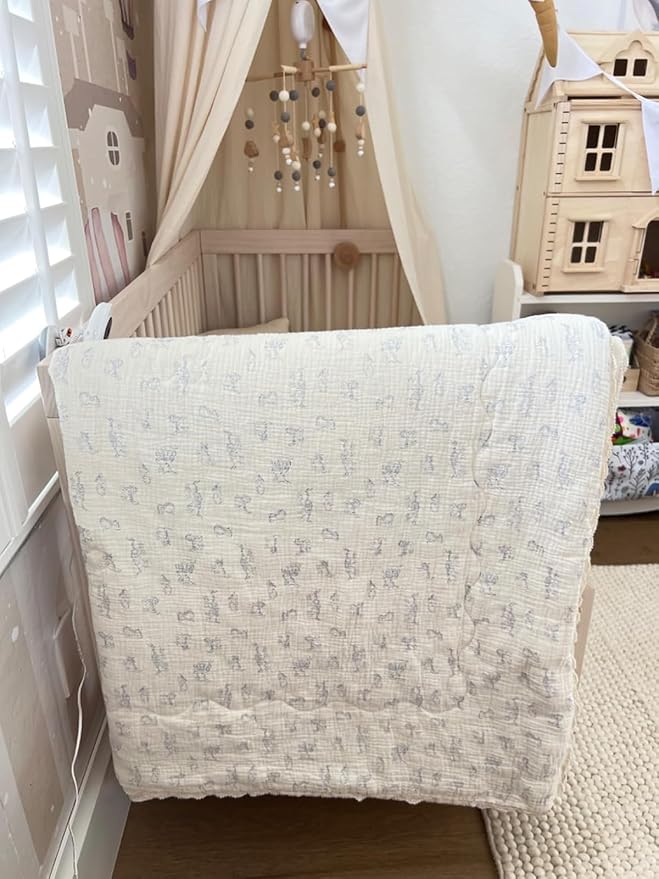 BuLuTu Baby Crib Quilt Cotton Muslin Toddler Blanket for Kids Boys Girls Soft Breathable Toddler Comforter Nursery Quilted Blankets with Lace Edges, 47x59 Inches, Blue Cat Pattern, No Pillow