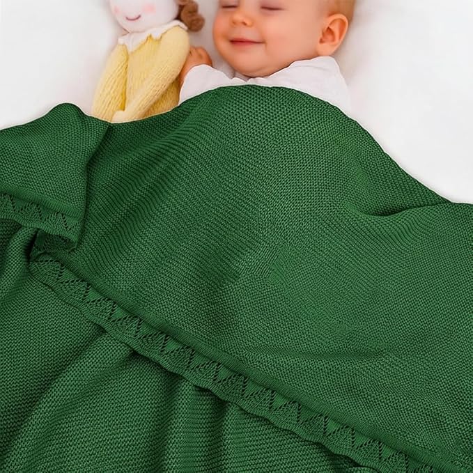 Baby Knit Blanket Soft Breathable Cotton Scallop Border Blankets Newborn Knitted Blanket Swaddle Blankets Gifts for Baby Newborn Toddler Shower Boy Girl New Mom Birthday Christmas Green 28x36