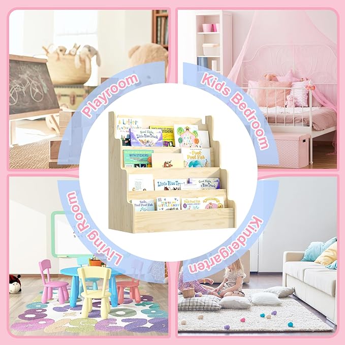 4 Tier Scalloped Kids Bookshelf Natural Wood Toddler Book Rack Nursery Bookcase Playroom Coloring Book Magazine Display Storage Shelf Organizer Classroom Library Homeschooling (Normal)
