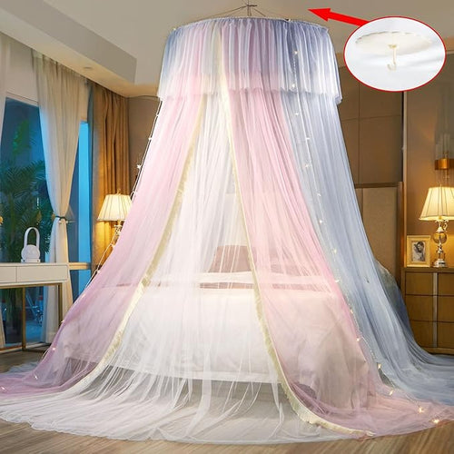 AIKASY Princess Bed Canopy for Girls & Adults, Elegant Double-Layer Bed Curtain, Children's Dream Round Lace Mosquito Net - Fits Twin, Full, Queen, and King Beds(Pink/Grey/White)