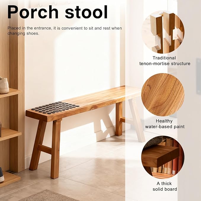 Wooden Entryway Bench Farmhouse for Bedroom End of Bed Vintage Artisan Live Edge Ustic Interior Decor Accent Mudroom,Bedside,Dinette Table,Noodle Narrow Bench (78.7" W x 17.7" H x 10" D)